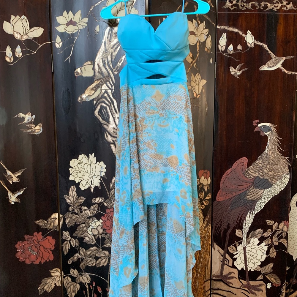 Blue strapless snakeskin print high low dress